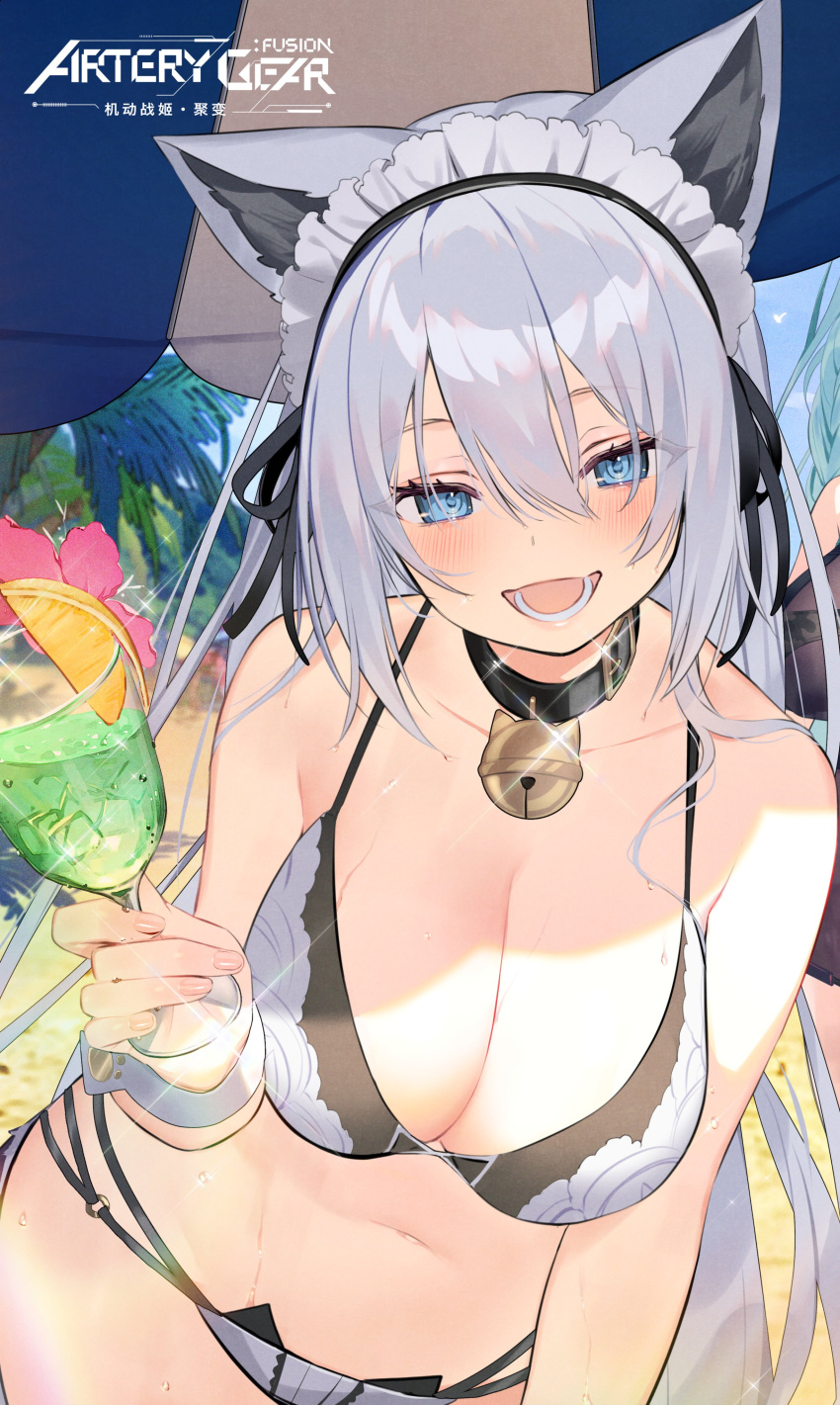 2girls absurdres animal_ears artery_gear artery_gear:_fusion artist_request beach beach_umbrella bell black_bra blue_eyes bra breasts cat_ears character_request cocktail_glass copyright_name cup drink drinking_glass english_commentary food fruit grey_hair hair_between_eyes highres holding holding_cup ice ice_cube jingle_bell large_breasts lemon lemon_slice looking_at_viewer lower_teeth_only maid_headdress medium_hair multiple_girls neck_bell official_art official_wallpaper open_mouth swimsuit teeth tropical_drink umbrella underwear white_bra