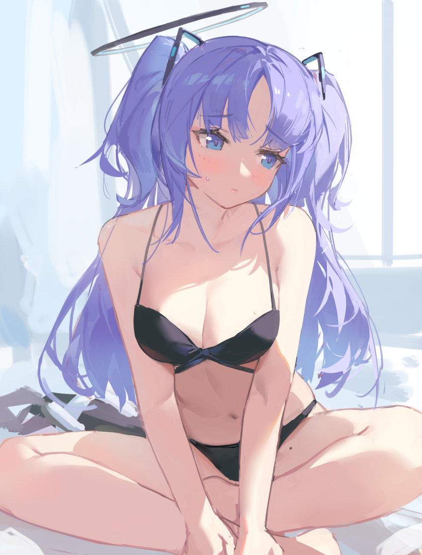 1girl absurdres black_bra black_panties blue_archive blush bra breasts cleavage closed_mouth halo highres large_breasts long_hair mechanical_halo meinoss navel panties purple_eyes purple_hair solo two_side_up underwear underwear_only yuuka_(blue_archive)