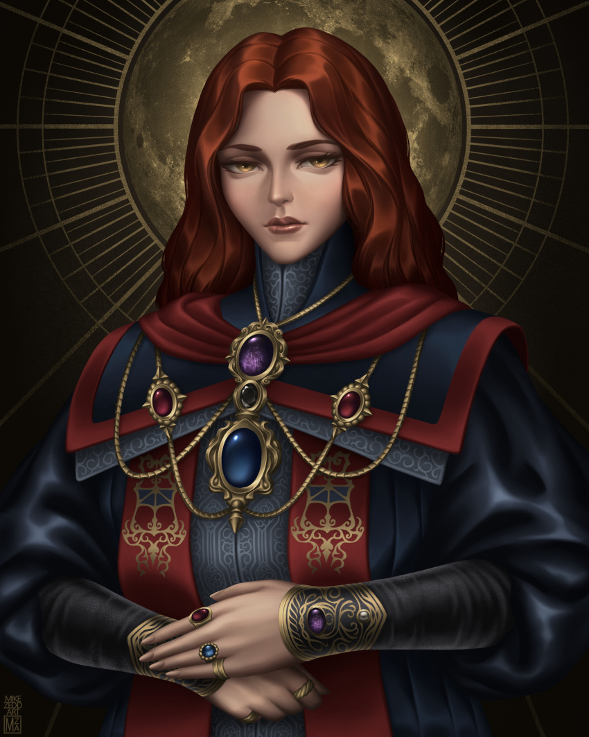 1girl absurdres black_gemstone blue_gemstone blue_robe commentary elden_ring english_commentary fantasy full_moon gem gold green_gemstone highres jewelry long_hair looking_at_viewer lunar_princess_ranni mikezeddart moon own_hands_together portrait purple_gemstone red_hair ring robe