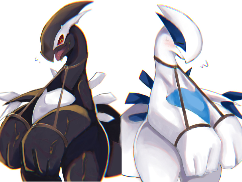 4:3 absurd_res ambiguous_gender anthro biped black_body blush bound duo eyes_closed generation_2_pokemon hi_res legendary_pokemon lugia mame02550912 nintendo open_mouth pokemon pokemon_(species) red_sclera shadow_lugia shadow_pokemon simple_background white_background white_body