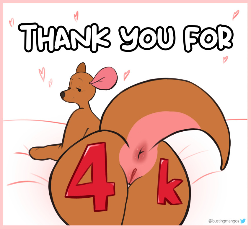 &lt;3 animate_inanimate anthro anus big_butt black_nose body_writing bodypaint brown_body brown_fur bustingmangos butt digital_media_(artwork) disney english_text eyelashes female fur genitals hi_res kanga kangaroo living_plushie looking_at_viewer looking_back macropod mammal marsupial mature_female narrowed_eyes nude plushie presenting presenting_anus presenting_hindquarters presenting_pussy pussy rear_view simple_background smile solo tail text thick_thighs wide_hips winnie_the_pooh_(franchise) writing_on_butt y_anus