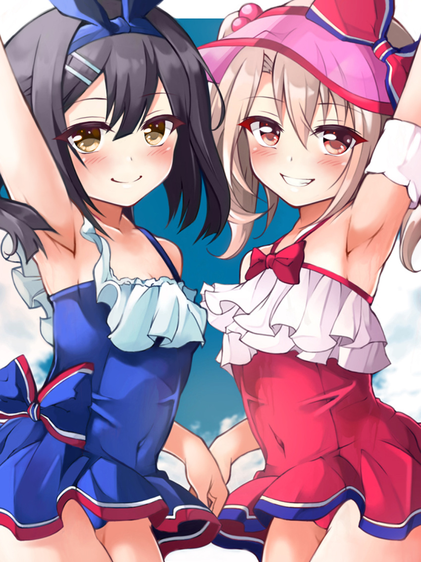 2girls arm_up armpits bare_shoulders black_hair blue_one-piece_swimsuit blush bow breasts brown_eyes cape casual_one-piece_swimsuit collarbone commentary_request cosplay covered_navel dress_swimsuit fate/grand_order fate/kaleid_liner_prisma_illya fate_(series) grin highres illyasviel_von_einzbern illyasviel_von_einzbern_(swimsuit_archer) illyasviel_von_einzbern_(swimsuit_archer)_(cosplay) illyasviel_von_einzbern_(swimsuit_archer)_(second_ascension) inflatable_armbands long_hair looking_at_viewer matching_outfits miyu_edelfelt mochi_(k620803n) multiple_girls one-piece_swimsuit orange_eyes pink_cape red_bow red_eyes red_one-piece_swimsuit revision small_breasts smile star_(symbol) star_print swimsuit thighs twintails visor_cap white_hair