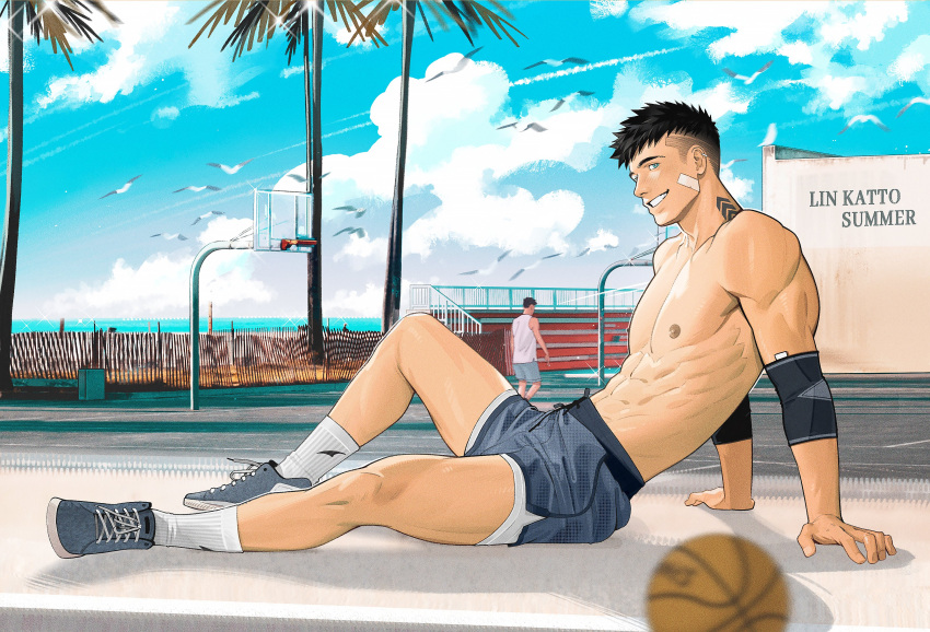 1boy abs absurdres bandaid bandaid_on_cheek bandaid_on_face bara black_hair blue_eyes cloud day extra grey_shorts highres katto8452 large_pectorals male_focus muscular muscular_male navel neck_tattoo nipples original outdoors pectorals short_hair shorts sidecut sitting sky smile socks solo tattoo teeth topless_male