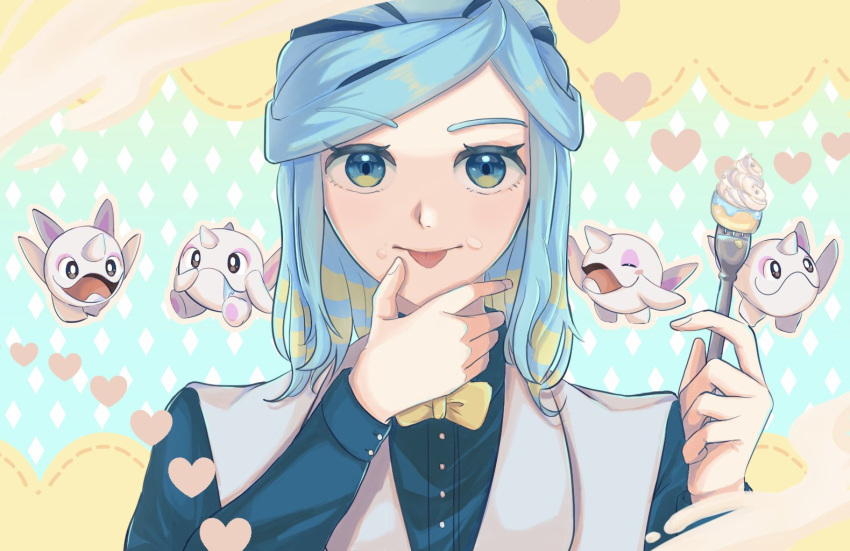 1boy aqua_eyes aqua_hair bow bowtie buttons cetoddle closed_mouth commentary_request eating food food_on_face fork grusha_(pokemon) hands_up heart holding holding_fork long_sleeves looking_at_viewer male_focus pokemon pokemon_(creature) pokemon_(game) pokemon_sv ryusa_(gjgd7445) shirt smile tongue tongue_out upper_body vest yellow_bow yellow_bowtie
