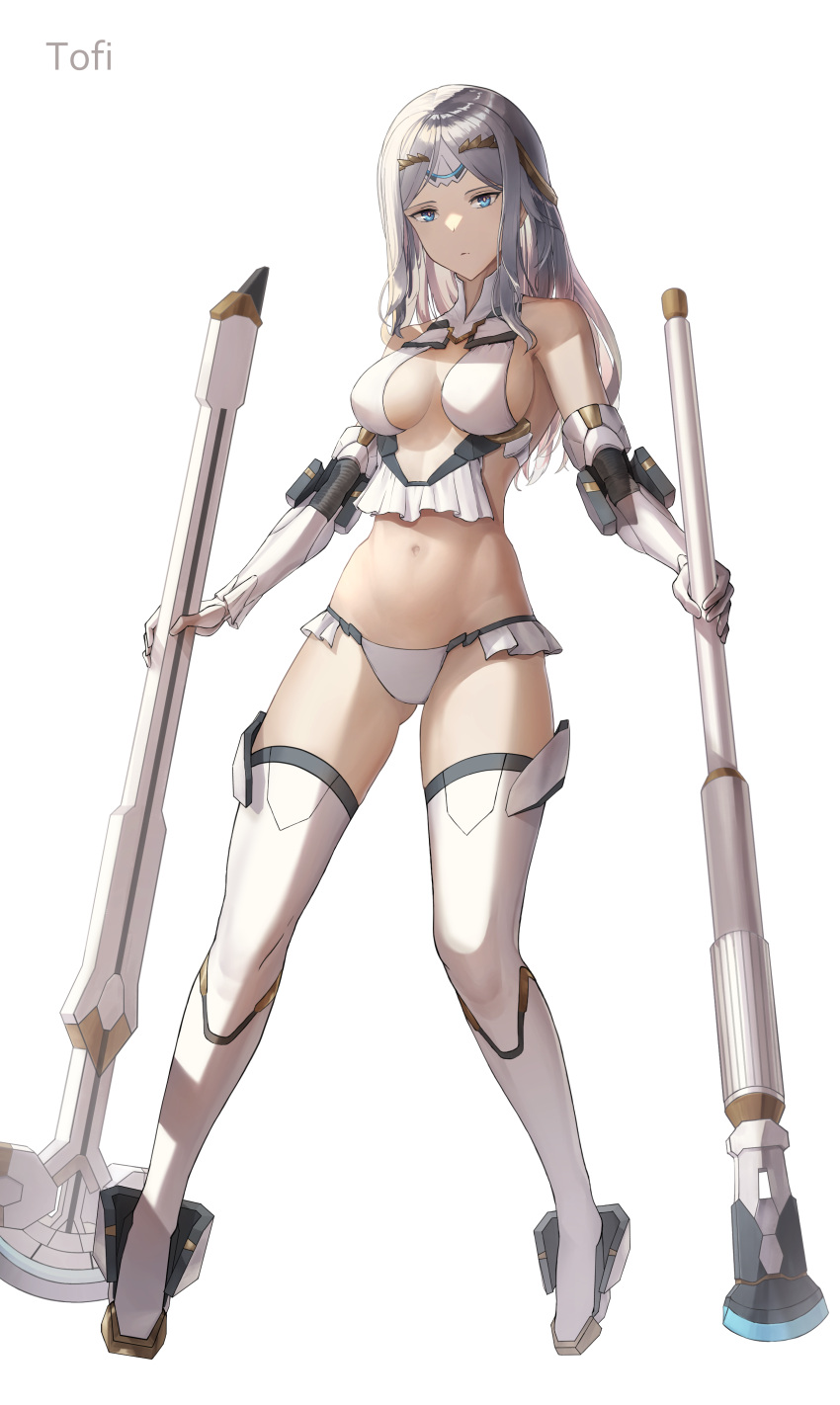 1girl absurdres bare_shoulders bikini blue_eyes breasts chisel cleavage elbow_gloves expressionless fate/grand_order fate_(series) galatea_(fate) gloves halterneck highres joints long_hair looking_at_viewer medium_breasts navel pale_skin parted_bangs polearm robot_joints simple_background solo swimsuit thighhighs thighs tiara tofi weapon white_background white_bikini white_gloves white_hair white_thighhighs