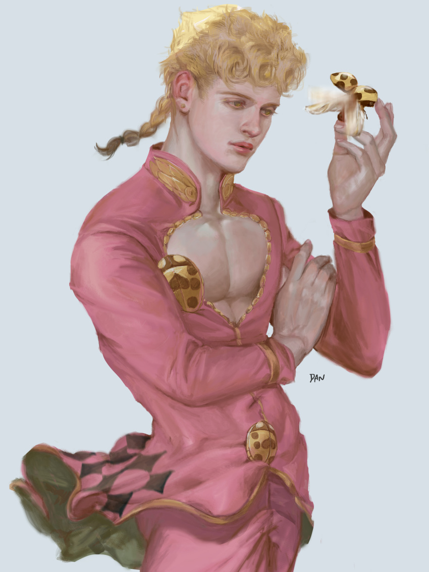 1boy absurdres animal artist_name blonde_hair braid bug commentary_request danart14020 giorno_giovanna green_eyes highres holding holding_animal jacket jojo_no_kimyou_na_bouken ladybug lips long_hair long_sleeves male_focus pants pectorals pink_jacket pink_pants realistic solo toned vento_aureo