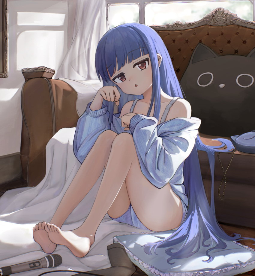 1girl :o bare_legs bare_shoulders barefoot blue_dress blue_hair blue_panties blunt_bangs blush collarbone cushion dark_blue_hair dress head_tilt highres idolmaster idolmaster_cinderella_girls indoors jitome knees_up long_hair looking_at_viewer microphone off-shoulder_dress off_shoulder on_floor panties pantyshot sajo_yukimi sitting soles solo straight_hair therisnow toes underwear very_long_hair