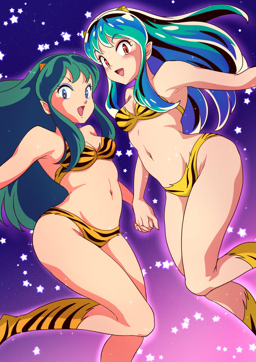 2girls :d animal_print bikini blue_eyes blue_hair breasts cleavage fur_bikini green_hair highres holding_hands horns long_hair looking_at_viewer lum multiple_girls navel nka_46 oni oni_horns open_mouth orange_eyes pointy_ears print_bikini print_footwear retro_artstyle small_breasts smile strapless strapless_bikini swimsuit tiger_print urusei_yatsura yellow_bikini