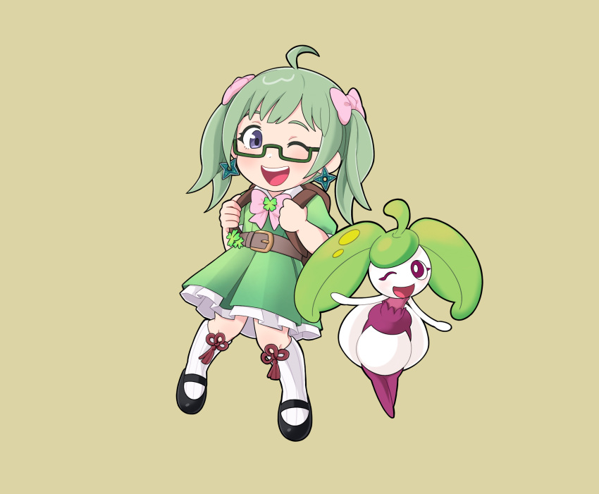 1girl alternate_costume bag belt bow clover fire_emblem fire_emblem_fates glasses green_hair highres midori_(fire_emblem) non-web_source one_eye_closed open_mouth pink_bow pokemon pokemon_(creature) purple_eyes steenee twintails