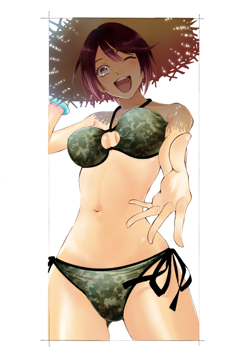 1girl ;d absurdres aoi_fuuka bare_shoulders bikini border breasts camouflage camouflage_bikini collarbone cowboy_shot fuuka green_bikini halterneck hand_up hat highres looking_at_viewer looking_down medium_breasts navel official_art one_eye_closed purple_eyes purple_hair reaching reaching_towards_viewer seo_kouji short_hair side-tie_bikini_bottom simple_background smile solo straw_hat swimsuit teeth thighs upper_teeth_only white_background wristband