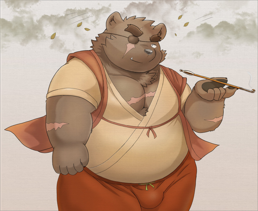 2023 absurd_res anthro bear belly big_belly black_nose brown_body bulge clothed clothing eye_patch eyewear gouki_(the_spicy_ninja_scrolls) hi_res humanoid_hands kemono male mammal musclegut overweight overweight_male scar solo the_spicy_ninja_scrolls timaki_z