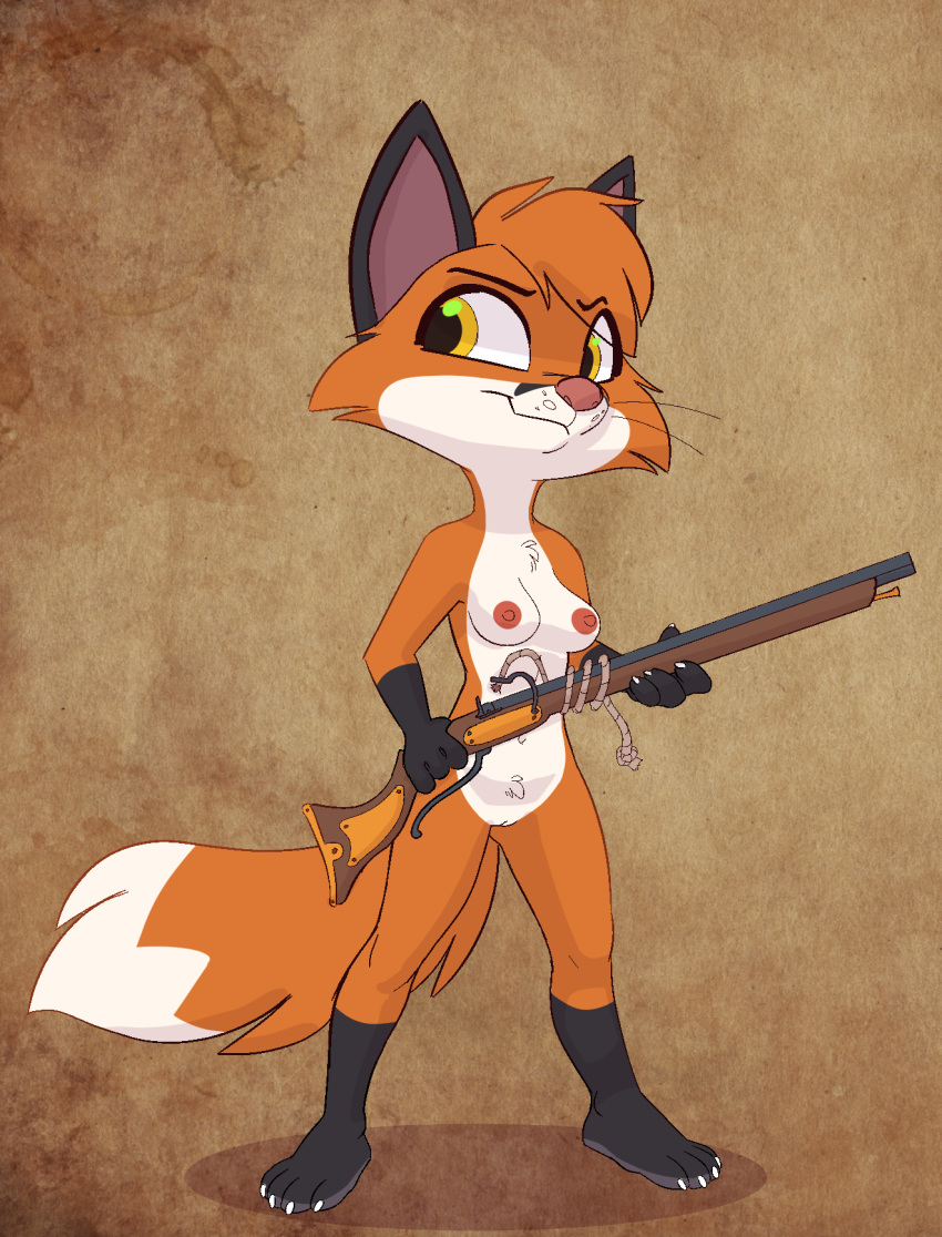2023 4_fingers 4_toes anthro areola biped black_powder_weapon breasts canid canine cheek_tuft claws digital_media_(artwork) facial_tuft feet female fingers fox fur genitals gun hi_res holding_gun holding_object holding_weapon mammal navel nipples nude orange_body orange_fur pussy ranged_weapon siroc smile solo toes tuft weapon white_body white_fur