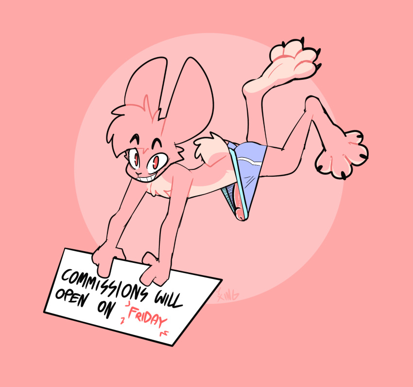 4_toes anthro briefs clothed clothing english_text erection feet fur genitals grin hi_res humanoid_genitalia humanoid_penis lagomorph leporid looking_at_viewer male mammal penis pink_background pink_body pink_fur rabbit sign simple_background smile solo text toes underwear underwear_only wardrobe_malfunction wide_eyed xing1