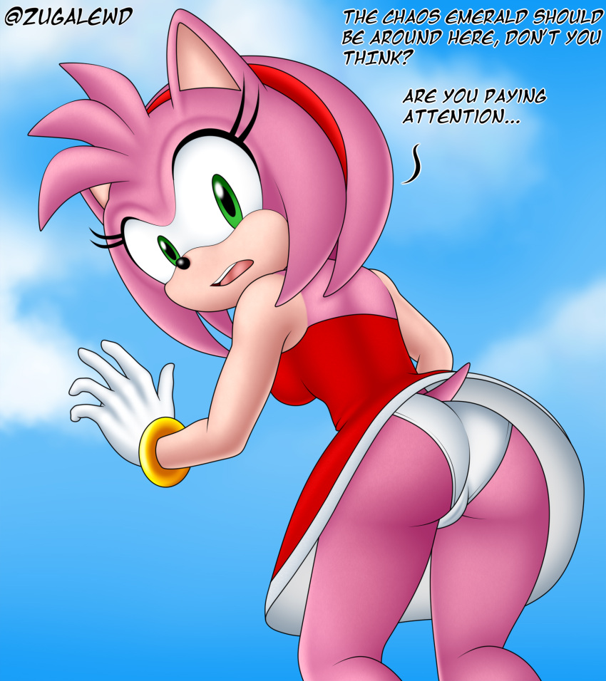 accessory amy_rose anthro bracelet butt camel_toe clothing cloudscape dialogue dress eulipotyphlan female fur gloves green_eyes hair_accessory hairband handwear hedgehog hi_res jewelry looking_at_viewer looking_back mammal panties pink_body pink_fur sega sky solo sonic_the_hedgehog_(series) underwear zugalov