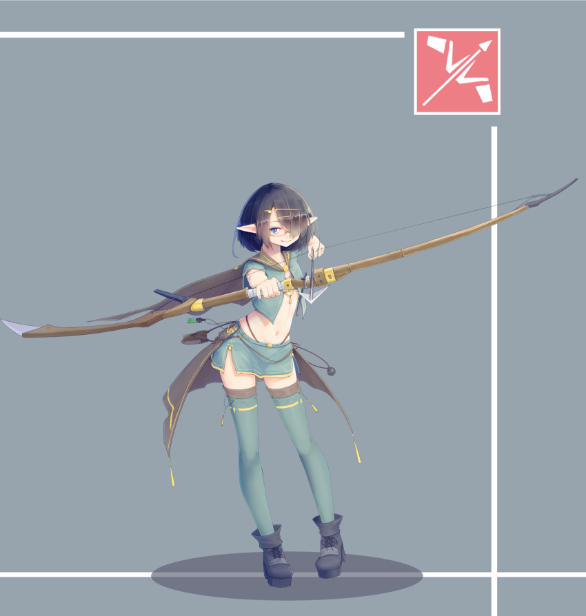 1girl aiming aiming_at_viewer arrow_(projectile) belt_pouch black_footwear black_hair blue_eyes blue_shirt blue_skirt blue_thighhighs bow_(weapon) bra cape collared_shirt drawing_bow full_body grey_background hair_ornament hair_over_one_eye hairclip highleg highleg_panties highres holding holding_bow_(weapon) holding_weapon kearful midriff miniskirt navel original panties platform_footwear platform_heels pointy_ears potion pouch shirt short_hair side_slit simple_background skirt smile thighhighs underwear weapon