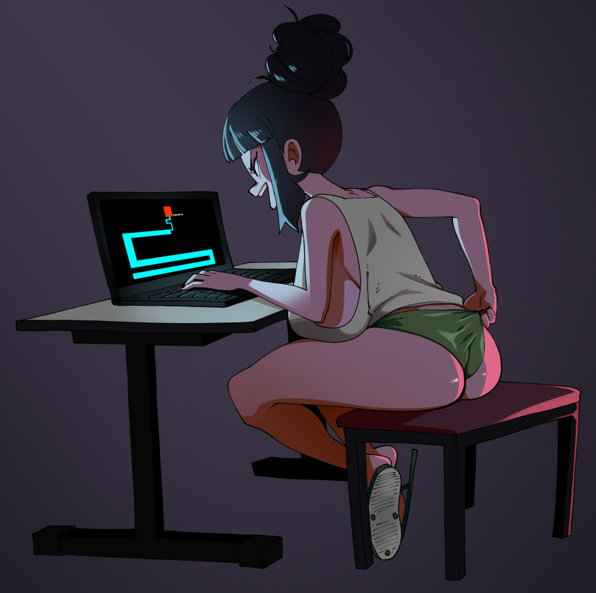 1girl absurdres ass breasts command_grab_(nuclear_wasabi) computer desk english_commentary grey_background hair_bun highres laptop large_breasts long_hair nuclear_wasabi original panties playing_games scary_maze_game screen_light sideboob slippers solo stool tank_top underwear