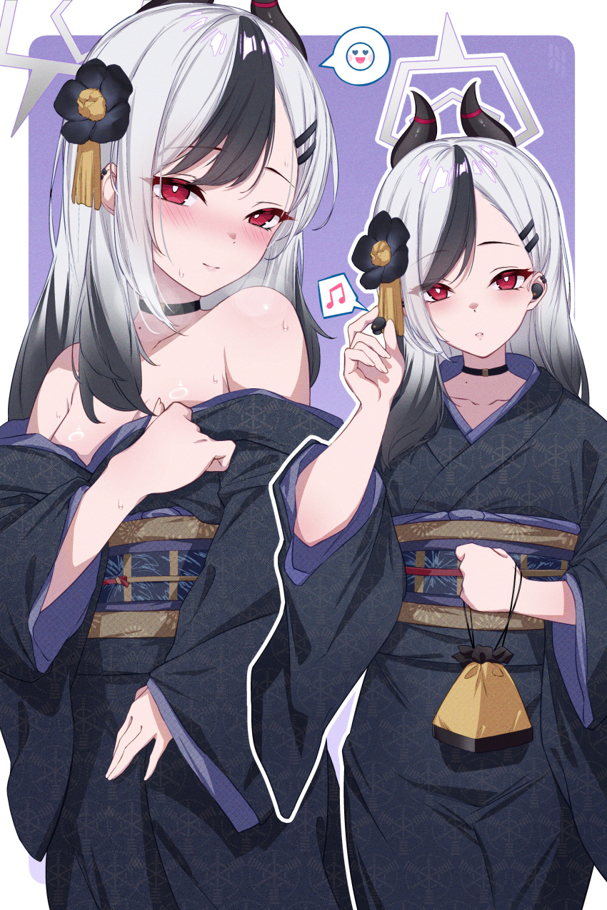 1girl absurdres black_choker black_hair black_horns black_kimono blue_archive blush breasts choker closed_mouth demon_horns grey_hair grey_halo halo highres horns japanese_clothes kayoko_(blue_archive) kayoko_(new_year)_(blue_archive) kimono long_hair long_sleeves looking_at_viewer multicolored_hair multiple_views nolmo obi parted_lips red_eyes sash small_breasts spoken_expression wide_sleeves