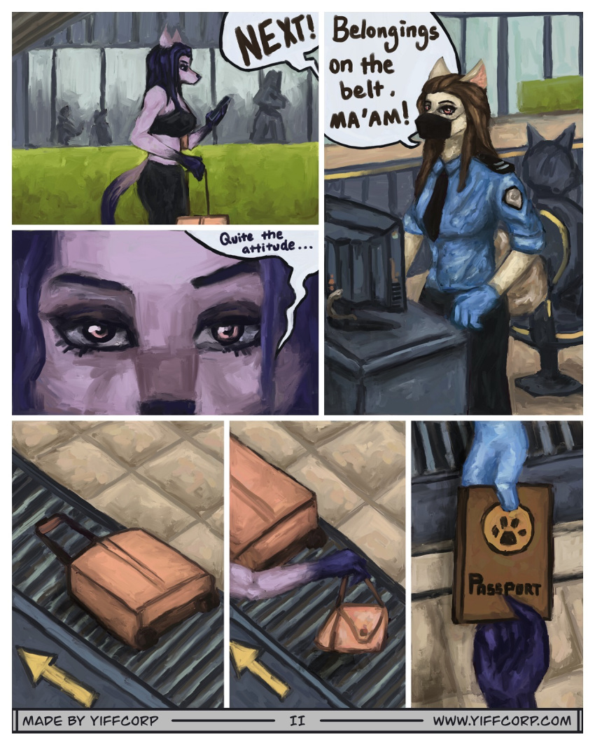 airport airportsecurity anthro atheletic big_breasts border breasts canid canine clothed clothing comic comic_panel digital_media_(artwork) digital_painting_(artwork) duo english_text female group hair herm hermae_yiffcorp hi_res intersex intersex/female mammal muscular portrait solo_focus story story_in_description text white_border yiffcorp yiffcorp_oc