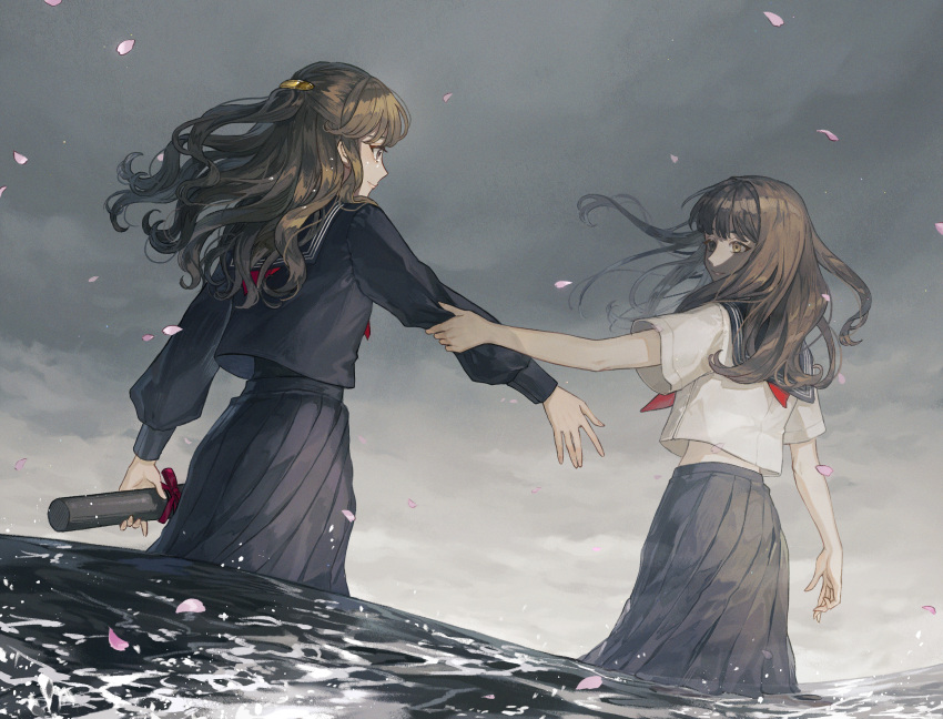 2girls brown_eyes brown_hair cherry_blossoms cylinder falling_petals hair_ornament hairclip highres holding_another's_arm long_hair looking_at_another multiple_girls nashiko_(nanaju_ko) neckerchief ocean original partially_submerged petals pleated_skirt red_neckerchief school_uniform serafuku skirt water