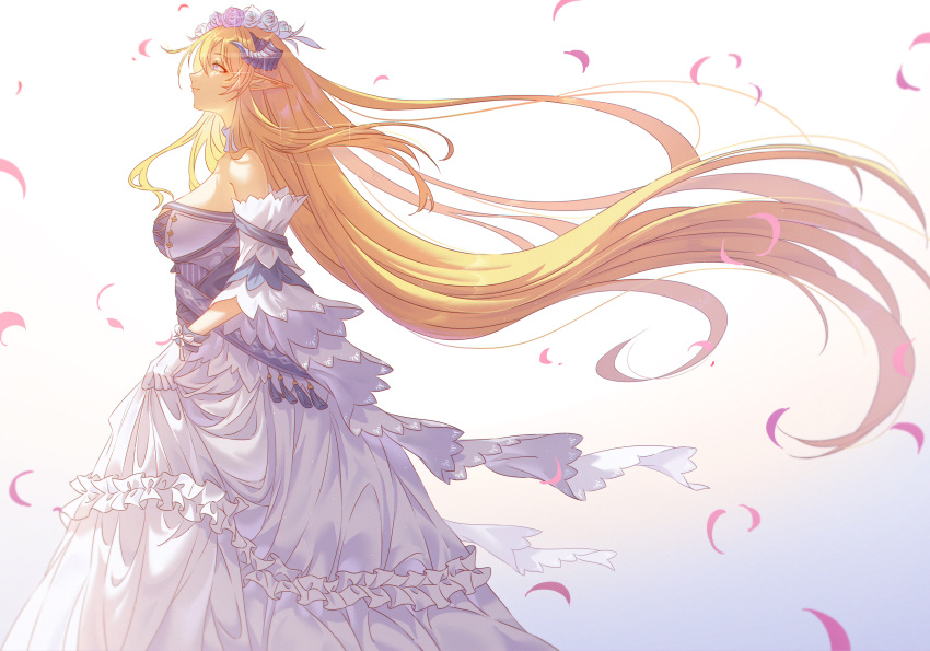 1girl absurdres arknights bare_shoulders blonde_hair blue_eyes breasts closed_mouth detached_sleeves dragon_horns dress floating_hair flower gloves gradient_background highres horns innoarukugyou large_breasts long_hair looking_up official_alternate_costume petals pointy_ears rose saileach_(appreciate_fragrance)_(arknights) saileach_(arknights) short_sleeves sideboob skirt_hold smile solo very_long_hair white_background white_dress white_flower white_gloves white_rose wind