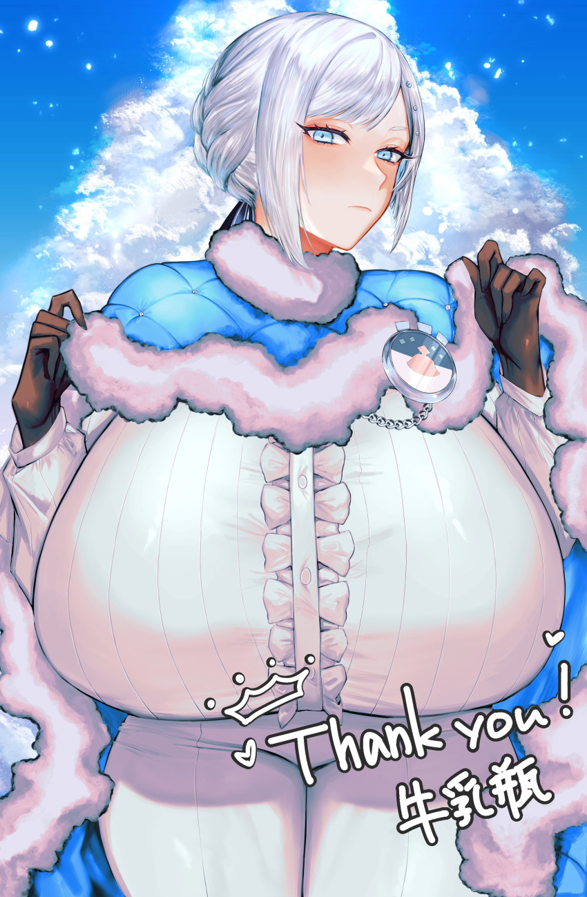 1girl absurdres akershus_fortress_(oshiro_project) black_gloves blue_cloak breasts cloak fur-trimmed_cloak fur_trim gloves grey_hair highres huge_breasts looking_at_viewer milk4290 oshiro_project_re padded_cloak solo