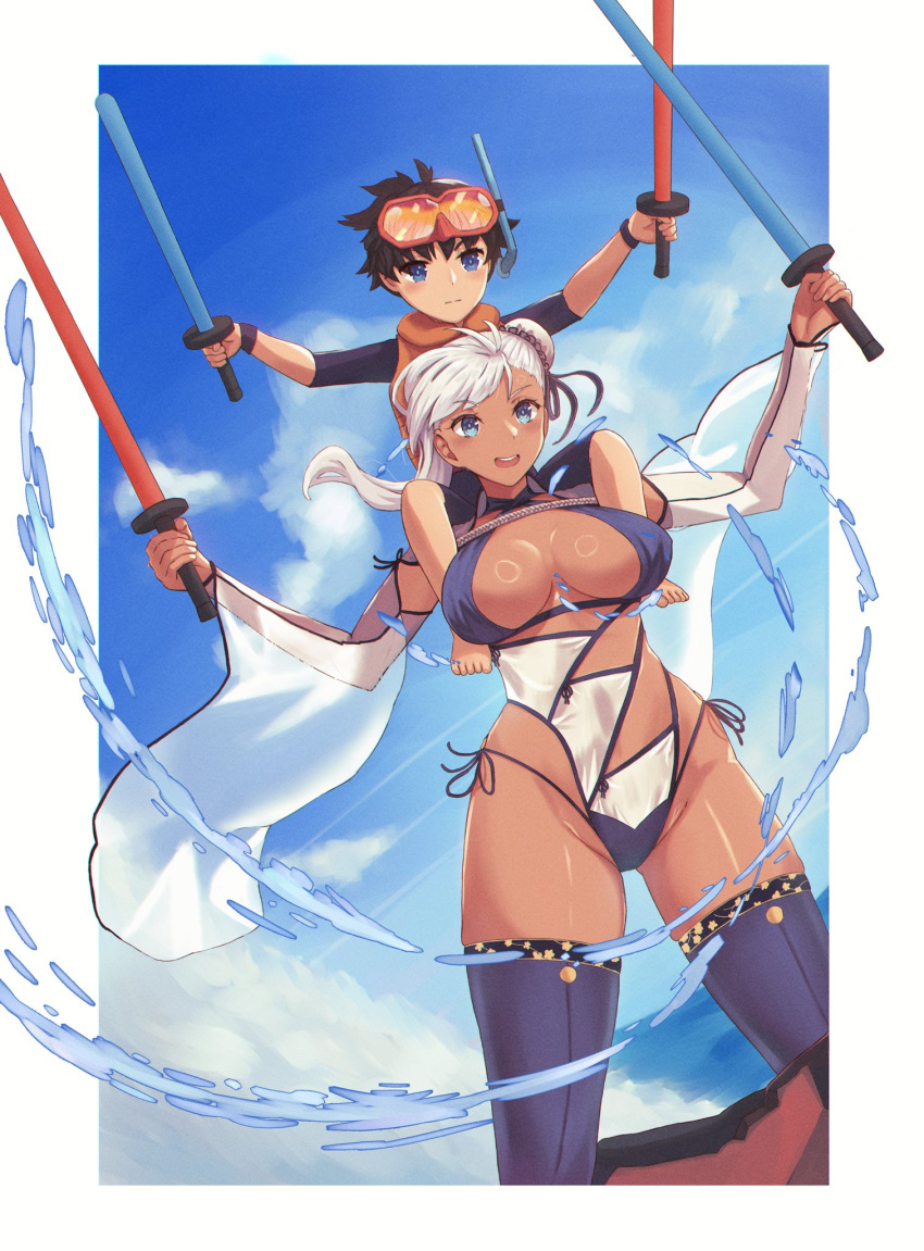 1boy 1girl aged_down black_hair black_ribbon blue_eyes blue_one-piece_swimsuit blue_sky blue_thighhighs border breasts child closed_mouth commentary criss-cross_halter detached_sleeves english_commentary fate/grand_order fate/samurai_remnant fate_(series) goggles goggles_on_head grey_hair hair_bun hair_ribbon halterneck highleg highleg_swimsuit highres holding holding_sword holding_weapon large_breasts miyamoto_iori_(fate) miyamoto_musashi_(fate) miyamoto_musashi_(swimsuit_berserker)_(fate) miyamoto_musashi_(swimsuit_berserker)_(third_ascension)_(fate) one-piece_swimsuit outdoors outside_border reijgr_(ff9999x) ribbon see-through see-through_sleeves short_hair sky smile swimsuit sword tan teeth thighhighs two-tone_swimsuit upper_teeth_only weapon white_border white_one-piece_swimsuit