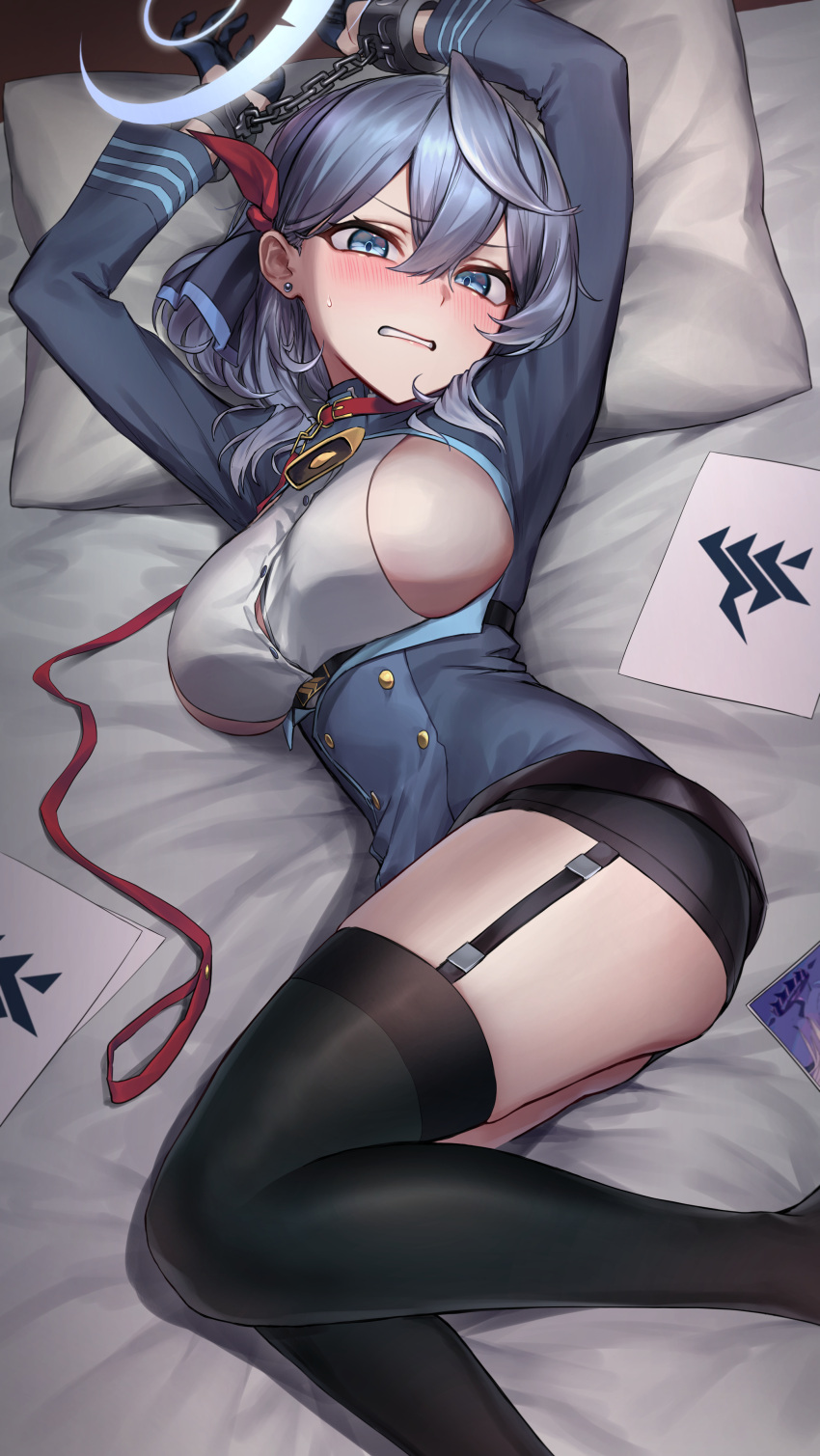 1girl absurdres ako_(blue_archive) bed_sheet bell black_gloves black_thighhighs blue_archive blue_eyes blush breasts clenched_teeth collar cowbell cuffs garter_straps gloves hair_between_eyes halo handcuffs highres large_breasts leash long_sleeves lying monegi on_side pillow red_collar sideboob solo teeth thighhighs thighs
