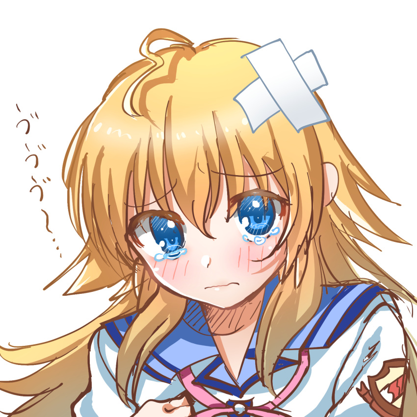 1girl absurdres angel_beats! bandaid bandaid_on_head blonde_hair blue_eyes blue_sailor_collar blush close-up closed_mouth commentary_request eyes_visible_through_hair frown furrowed_brow hair_between_eyes highres long_hair looking_at_viewer sad sailor_collar sekine_shiori shinda_sekai_sensen_uniform shirt simple_background sketch solo sound_effects spiked_hair tears translated upturned_eyes white_background white_shirt wilted_ahoge zuzuhashi