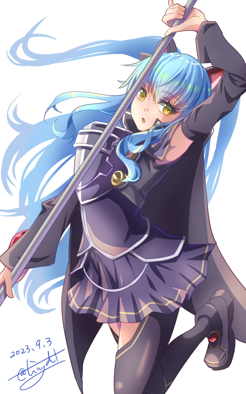 1girl absurdres animal_ear_headphones animal_ears ao_no_kiseki armor black_thighhighs blue_hair breastplate cat_ear_headphones cat_hair_ornament dated eiyuu_densetsu fake_animal_ears floating_hair hair_between_eyes hair_ornament headphones highres holding holding_staff loafers long_hair looking_at_viewer shoes signature simple_background skirt solo staff thighhighs tinybiard tio_plato twitter_username white_background yellow_eyes zero_no_kiseki