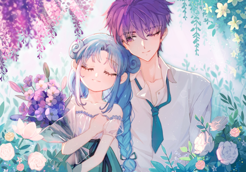 blue_eyes blue_hair flower fushigiboshi_no_futago_hime green_eyes non-web_source purple_hair rein_(futagohime) shade sleeping