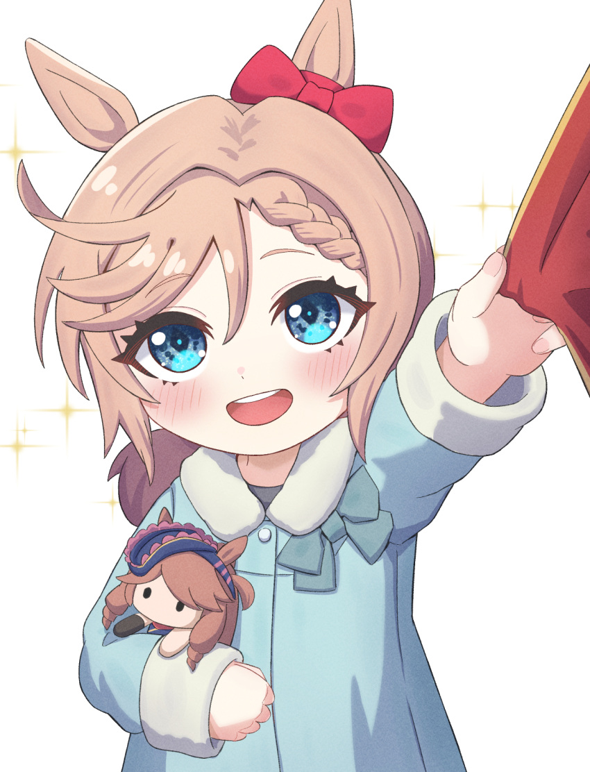 1girl aged_down animal_ears blue_coat blue_eyes blush bow braid chahanramen character_doll child coat doll ear_bow highres holding holding_doll horse_ears light_brown_hair long_sleeves montjeu_(umamusume) open_mouth out_of_frame outstretched_arm short_hair simple_background single_braid smile solo sparkle umamusume upper_body venus_park_(umamusume) white_background