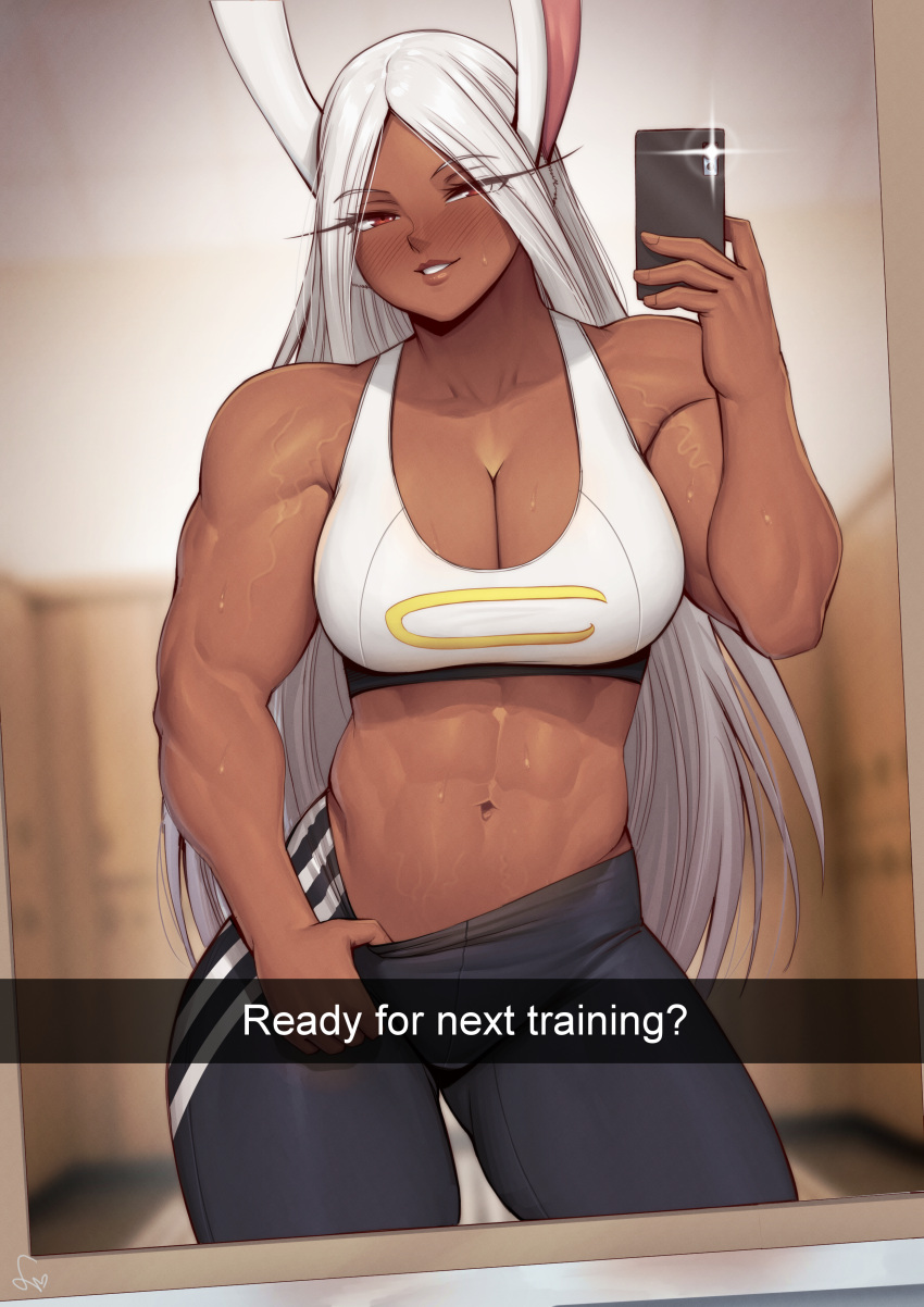 1girl abs absurdres animal_ears bare_shoulders black_pants blurry blurry_background blush boku_no_hero_academia breasts camera_flash cellphone cleavage clothes_pull collarbone contrapposto crescent_print dark-skinned_female dark_skin english_commentary english_text highres holding holding_phone large_breasts locker locker_room long_eyelashes long_hair looking_at_viewer mirko mirror muscular muscular_female navel pants pants_pull parted_bangs parted_lips phone pulled_by_self rabbit_ears rabbit_girl red_eyes selfie signature smartphone smile snapchat solo speedl00ver stomach sweat thick_thighs thighs tight_clothes tight_pants veins veiny_arms very_long_hair white_hair yoga_pants