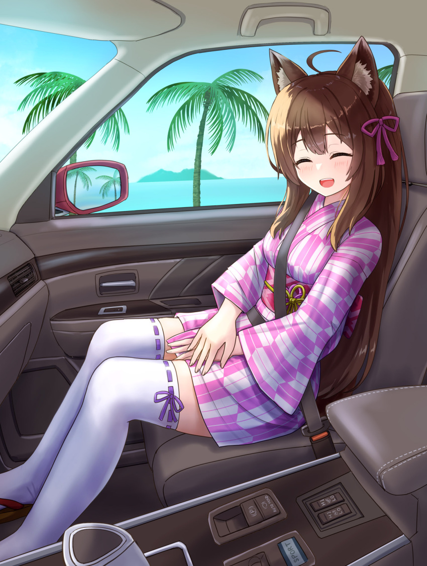 1girl :d ^_^ ahoge animal_ear_fluff animal_ears blue_sky breasts brown_footwear brown_hair car_interior closed_eyes commission day facing_viewer fox_ears highres horizon iroha_(iroha_matsurika) japanese_clothes kimono long_hair long_sleeves medium_breasts ocean original palm_tree pixiv_commission print_kimono ribbon-trimmed_legwear ribbon_trim seatbelt sitting sky smile solo thighhighs tree very_long_hair white_thighhighs wide_sleeves yagasuri yukata zouri