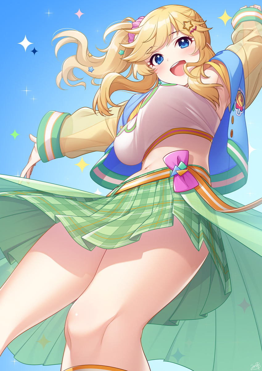 1girl blonde_hair blue_eyes blush breasts crop_top feet_out_of_frame from_below green_skirt hair_ornament hair_scrunchie highres idolmaster idolmaster_cinderella_girls jacket large_breasts letterman_jacket looking_at_viewer mikapoe navel ohtsuki_yui one_side_up plaid plaid_skirt pleated_skirt print_tube_top scrunchie see-through see-through_sleeves skirt smile solo sparkle