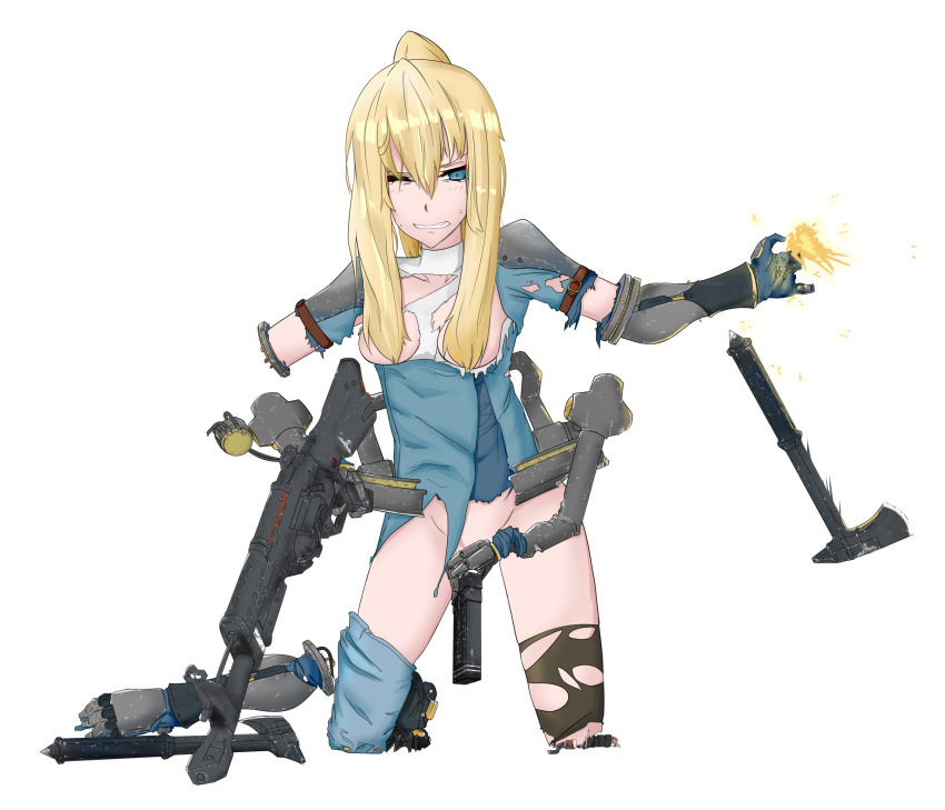 1girl absurdres assault_rifle axe blonde_hair blue_eyes character_name claws convenient_censoring dismemberment dual_wielding evil_smile firing girls'_frontline gun hatchet_(axe) highres holding houshou8 magazine_(weapon) mechanical_arms mechanical_foot mechanical_hands mechanical_parts muzzle_flash original rifle shell_casing shirt simple_background smile thighhighs thighs torn_clothes torn_shirt torn_thighhighs weapon white_background wolfenstein:_the_new_order wolfenstein_(series)