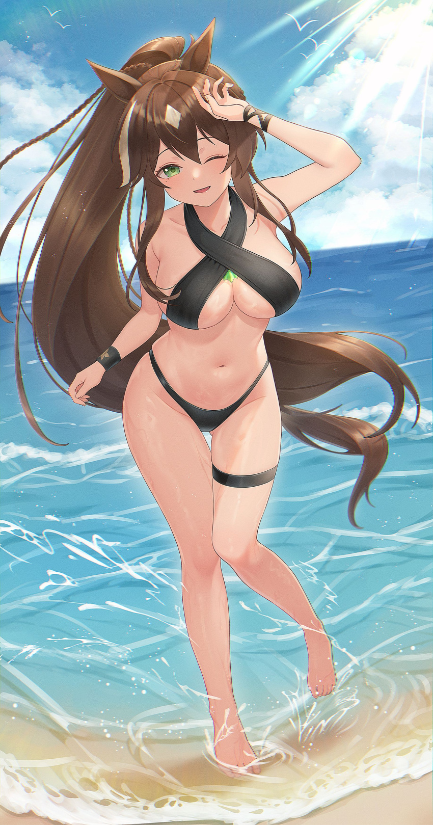 1girl ;d absurdres alternate_costume animal_ears arknights arm_up armpits artist_request ass_visible_through_thighs bare_arms bare_legs bare_shoulders barefoot beach bikini black_bikini breasts brown_hair chromatic_aberration cleavage criss-cross_halter day diamond_(shape) halterneck high_ponytail highleg highleg_bikini highres horse_ears horse_tail large_breasts light_rays long_hair looking_at_viewer meteor_(arknights) multicolored_hair navel ocean one_eye_closed open_mouth outdoors ponytail shading_eyes smile solo standing standing_on_one_leg stomach streaked_hair string_bikini sunbeam sunlight swimsuit tail thigh_gap thigh_strap thighs very_long_hair water wet wristband