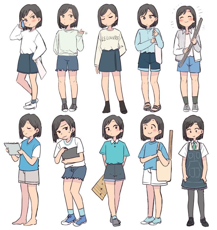 1girl :t apron bag barefoot black_eyes black_hair black_pantyhose black_skirt blue_apron blue_shirt blue_shorts blue_skirt blue_sweater_vest bob_cut brown_sweater_vest carrying casual closed_eyes closed_mouth clothes_writing commentary crossed_ankles do_it_yourself!! do_it_yourself!!_(drama) dress_shirt frown green_necktie grey_shorts handbag heel_up highres holding holding_behind_back jacket looking_at_viewer medium_skirt miniskirt motion_lines multiple_views necktie notice_lines open_clothes open_jacket pantyhose pleated_skirt polo_shirt school_uniform shirt short_hair short_sleeves shorts simple_background skirt smile standing suride_miku sweater_vest swept_bangs t-shirt tsubobot v-neck waving white_background white_jacket white_shirt white_shorts wing_collar