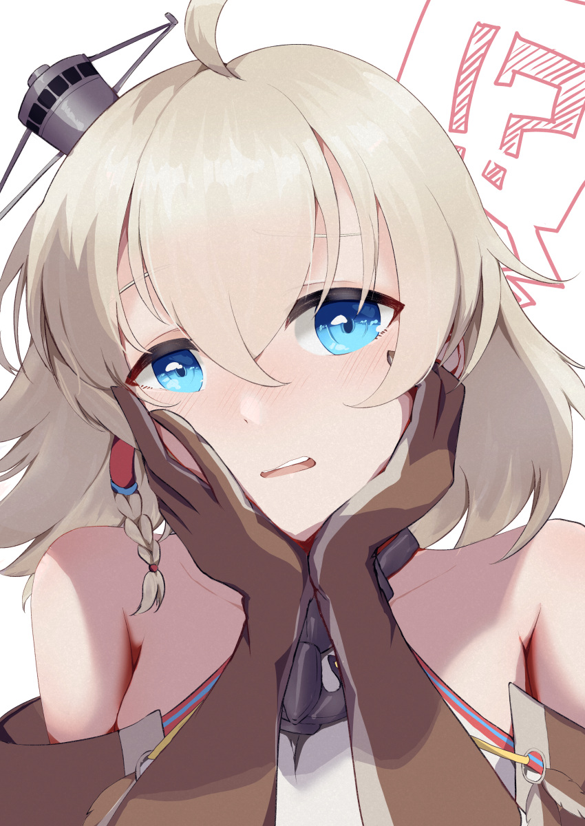 !? 1girl absurdres ahoge anchor_choker azur_lane bare_shoulders blonde_hair blue_eyes blush braid brown_capelet brown_gloves capelet commentary_request gloves hair_between_eyes halterneck hands_on_own_cheeks hands_on_own_face highres looking_at_viewer oklahoma_(azur_lane) open_mouth partial_commentary portrait rakuza_(ziware30) retrofit_(azur_lane) short_hair side_braid sidelocks simple_background solo spoken_interrobang white_background