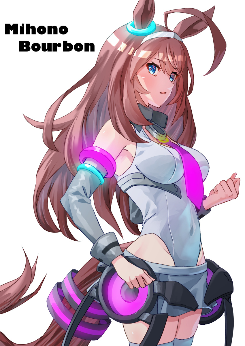 1girl absurdres ahoge animal_ears armpits blue_eyes breasts brown_hair character_name clenched_hand collarbone covered_navel detached_sleeves hair_between_eyes hair_ornament headband highres horse_ears horse_girl horse_tail kento_(kentdrawing) large_breasts long_hair looking_at_viewer mihono_bourbon_(umamusume) necktie open_mouth simple_background solo tail thighhighs umamusume white_background