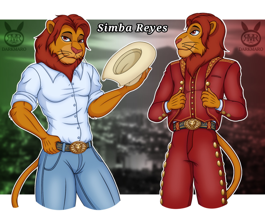 anthro clothed clothing digital_media_(artwork) disney felid fur hat headgear headwear hi_res lion looking_at_viewer male mammal marothedarkrabbit_(artist) mexican pantherine simba_(the_lion_king) simple_background smile solo tail the_lion_king