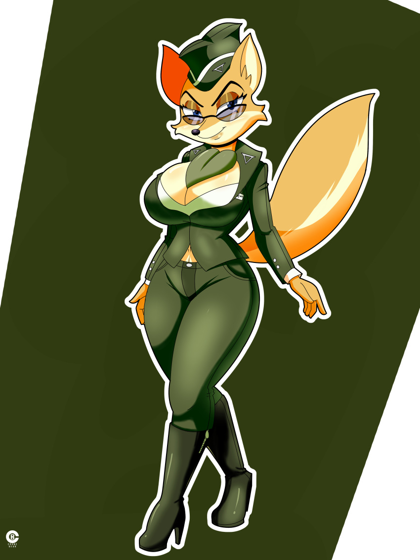 absurd_res anthro breasts canid canine cranebear female fox hi_res lt._fox_vixen mammal military pinup pose sek_studio solo squirrel_and_hedgehog