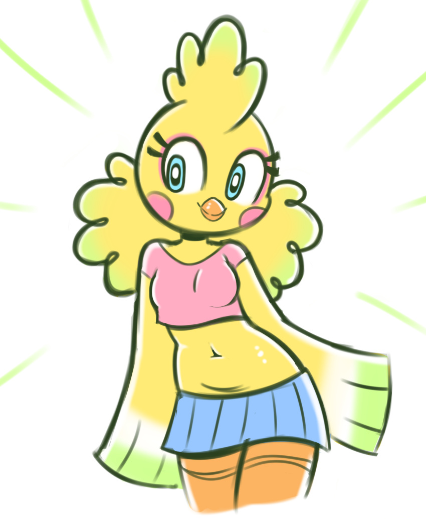 avian bird blue_eyes bottomwear chicken clothing crop_top disfigure female galliform gallus_(genus) glistening glistening_body happy hi_res navel phasianid rosy_cheeks shirt simple_background skirt topwear yellow_body