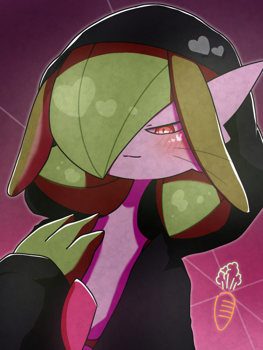 1girl :3 animal_ears black_jacket blush bob_cut carrot closed_mouth clothed_pokemon colored_skin commentary flat_chest gardevoir gradient_background green_hair green_skin hair_over_one_eye half-closed_eyes hand_on_own_chest hand_up heart highres hood hood_up hooded_jacket jacket kemonomimi_mode multicolored_skin one_eye_covered open_clothes open_jacket pokemon pokemon_(creature) purple_background rabbit_ears rabbit_girl red_eyes ringed_eyes short_hair solo standing two-tone_skin upper_body whiskers white_skin yuri_(pixiv_76483886)