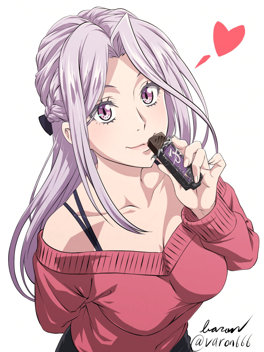 1girl artist_name baron_(varon666) bra_strap braid breasts candy chocolate chocolate_bar cleavage collarbone food fuuto_tantei heart highres kamen_rider kamen_rider_w large_breasts lips long_hair looking_at_viewer purple_eyes purple_hair red_sweater simple_background smile solo sweater tokime_(fuuto_tantei) twitter_username upper_body very_long_hair white_background