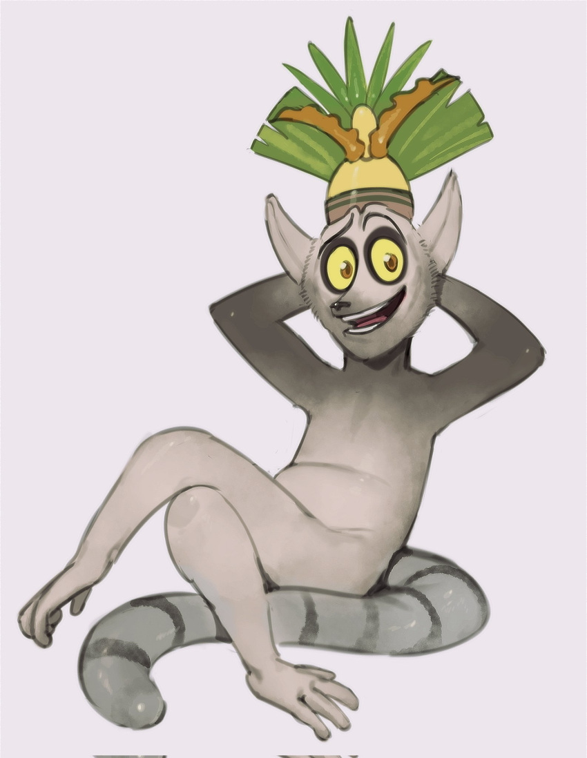 anthro crossed_legs crown crown_only dreamworks fur grey_body grey_fur hands_behind_head headgear hi_res king_julien kogito lemur madagascar_(series) male mammal markings on_model open_mouth open_smile opposable_toe prick_ears primate sitting smile solo strepsirrhine striped_markings striped_tail stripes tail tail_markings