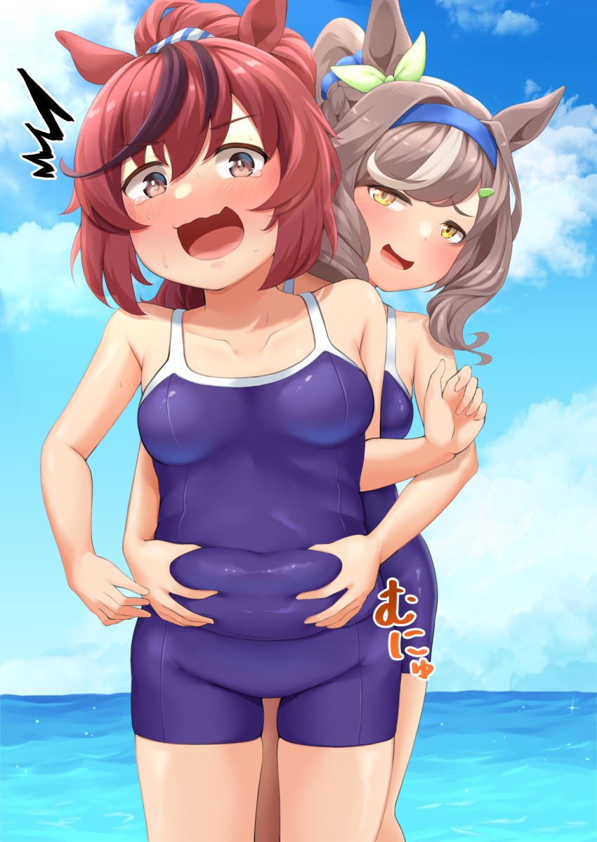 2girls animal_ears bare_shoulders blue_sky blush breasts brown_eyes brown_hair cloud cloudy_sky collarbone commentary_request competition_school_swimsuit competition_swimsuit cow grabbing hair_ornament hairclip highres horse_ears horse_girl long_hair matikane_tannhauser_(umamusume) medium_breasts medium_hair multicolored_hair multiple_girls naka_ushiro nice_nature_(umamusume) ocean one-piece_swimsuit open_mouth outdoors plump ponytail school_swimsuit sky squishing streaked_hair swimsuit tracen_swimsuit umamusume white_hair yellow_eyes