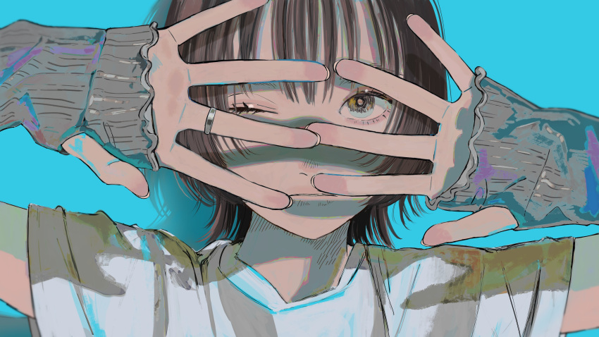 1girl absurdres arm_warmers brown_hair choppy_bangs cropped_arms cropped_head cropped_torso highres jewelry looking_at_viewer medium_hair one_eye_closed original ring sakurada22 shadow sidelocks yellow_eyes