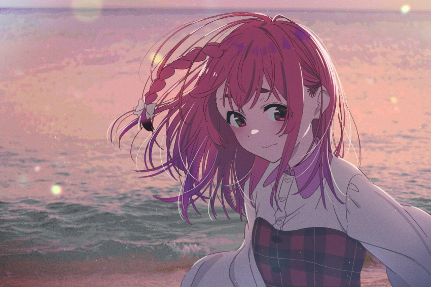 1girl braid closed_mouth hirayama_kanna kanojo_okarishimasu lens_flare medium_hair multicolored_shirt ocean plaid plaid_shirt red_eyes red_hair red_shirt sakurasawa_sumi shirt side_braid solo upper_body white_shirt wide_sleeves