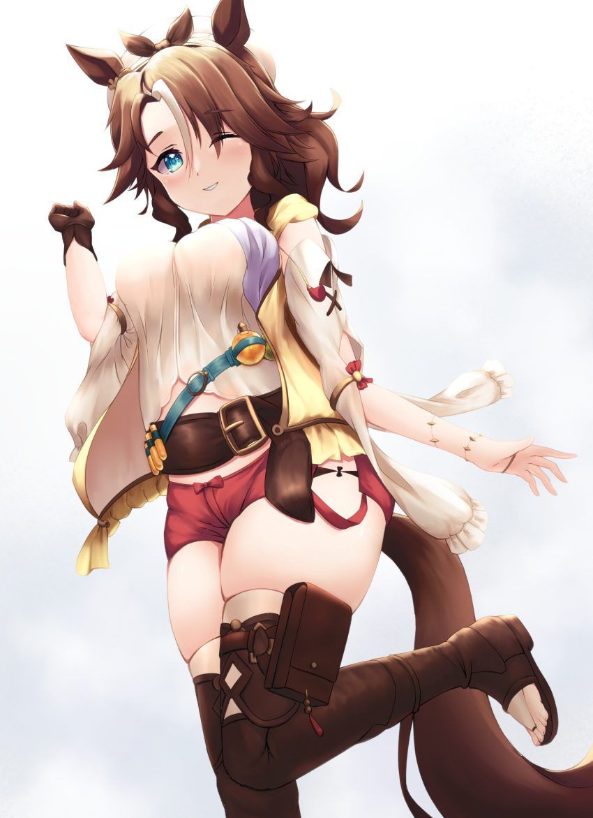 1girl akiyama_neo animal_ears aqua_eyes atelier_(series) atelier_ryza atelier_ryza_1 belt boots bow bridal_legwear brown_bow brown_gloves brown_thighhighs clothing_cutout commentary_request cosplay curvy eyes_visible_through_hair foot_out_of_frame from_below gloves hat hat_bow highres horse_ears horse_girl horse_tail jacket leather leather_boots looking_at_viewer medium_hair mejiro_palmer_(umamusume) midriff_peek noguchi_yuri one_eye_closed open_clothes open_jacket parted_lips potion red_shorts reisalin_stout reisalin_stout_(cosplay) short_shorts shorts shoulder_cutout single_glove skindentation solo tail thick_thighs thigh_pouch thighhighs thighhighs_under_boots thighs toeless_footwear umamusume voice_actor_connection wavy_hair white_headwear yellow_jacket