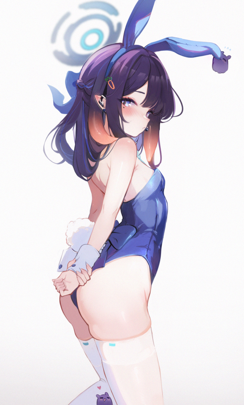 1girl animal_ears arms_behind_back ass blue_archive blue_hairband blue_leotard blush breasts cosplay ear_blush earpiece earrings fake_animal_ears fake_tail gradient_hair hairband halo heart highleg highleg_leotard highres hololive hololive_english jewelry koahri leotard long_hair looking_at_viewer mole mole_under_eye multicolored_hair ninomae_ina'nis orange_hair playboy_bunny pointy_ears purple_hair rabbit_ears rabbit_tail skindentation small_breasts solo strapless strapless_leotard tail takodachi_(ninomae_ina'nis) tentacle_hair tentacles thighhighs thighs toki_(blue_archive) toki_(blue_archive)_(cosplay) toki_(bunny)_(blue_archive) virtual_youtuber white_thighhighs white_wrist_cuffs wrist_cuffs